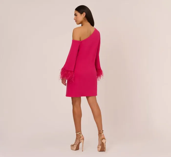 Short Dresses Womens Adrianna Papell Knit Crepe One Shoulder Long Sleeve Dress With Feather Accents In Bright Rose