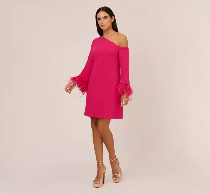 Short Dresses Womens Adrianna Papell Knit Crepe One Shoulder Long Sleeve Dress With Feather Accents In Bright Rose