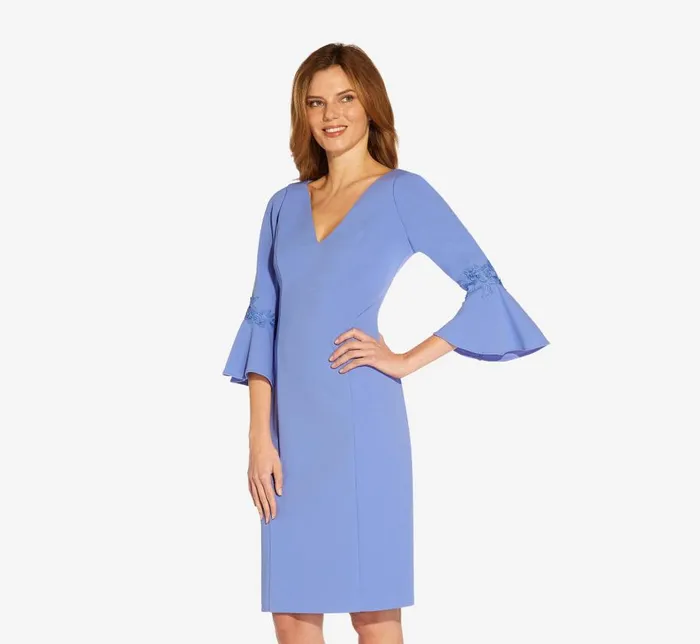 Short Dresses Womens Adrianna Papell LaceTrim Crepe Short Sheath Dress With Bell Sleeves In Misty Peri Short Dresses Womens Adrianna Papell LaceTrim Crepe Short Sheath Dress With Bell Sleeves In Misty Peri