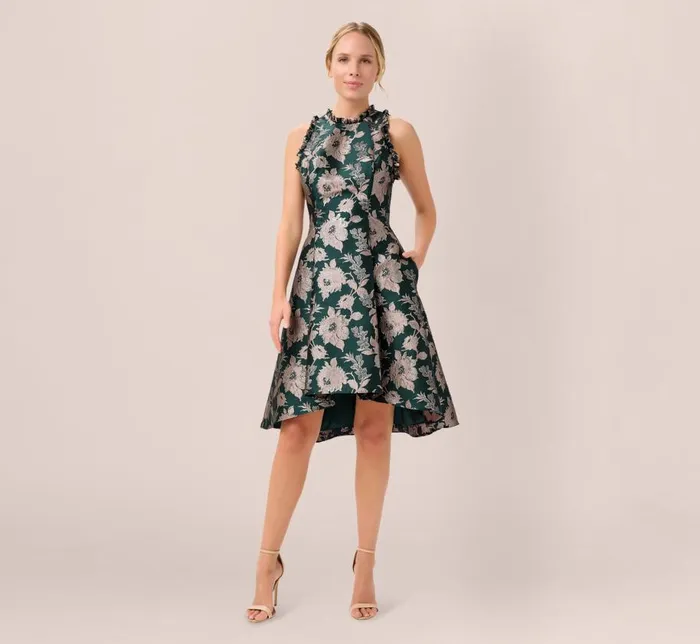 Short Dresses Womens Adrianna Papell Metallic Floral Jacquard Ruffled Fit And Flare Short Day Dress In Hunter Multi Short Dresses Womens Adrianna Papell Metallic Floral Jacquard Ruffled Fit And Flare Short Day Dress In Hunter Multi