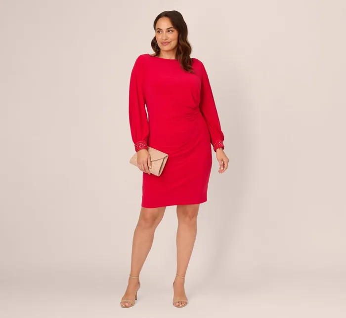 Short Dresses Womens Adrianna Papell Plus Size Long Sleeve Draped Jersey Dress With Beaded Cuffs In Hot Ruby