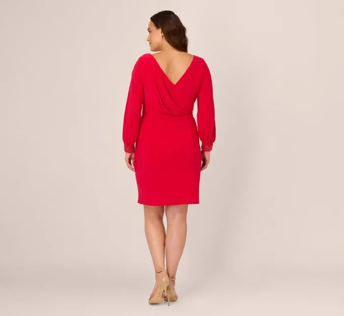 Short Dresses Womens Adrianna Papell Plus Size Long Sleeve Draped Jersey Dress With Beaded Cuffs In Hot Ruby