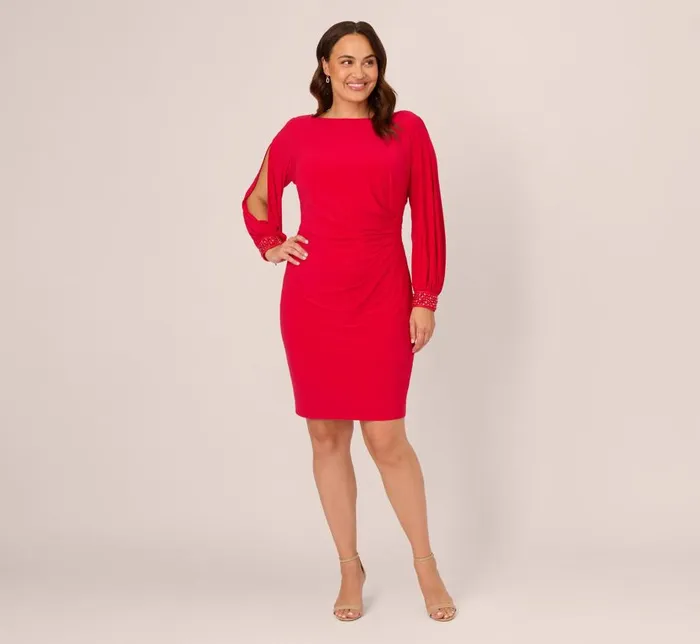 Short Dresses Womens Adrianna Papell Plus Size Long Sleeve Draped Jersey Dress With Beaded Cuffs In Hot Ruby