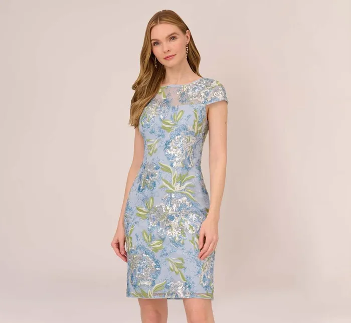 Short Dresses Womens Adrianna Papell Sequin Floral Embroidered Sheath Dress With Cap Sleeves In Blue Green Multi