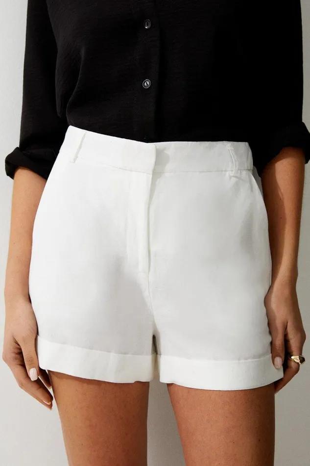 Shorts Women Karen Millen Premium Linen Viscose Tailored Turn Up Hem Shorts Ivory