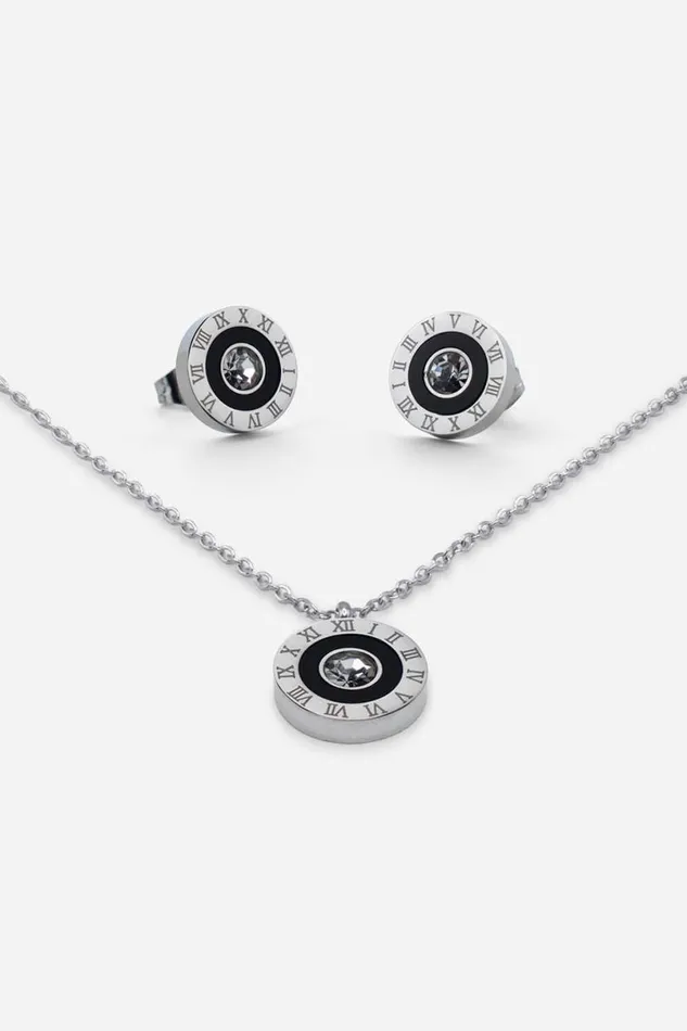 Silver Stainless Steel Diamante Clock Pendant And Earring Set Women Roman Jewellery