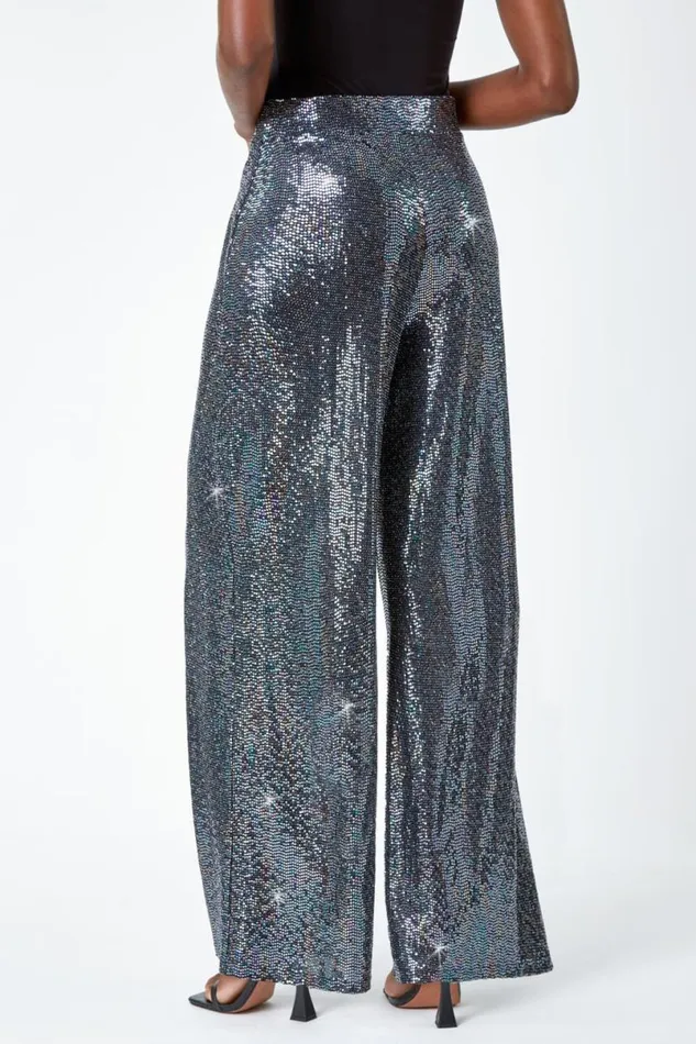 Silver Wide Leg Sequin Stretch Trousers Women Roman Trousers