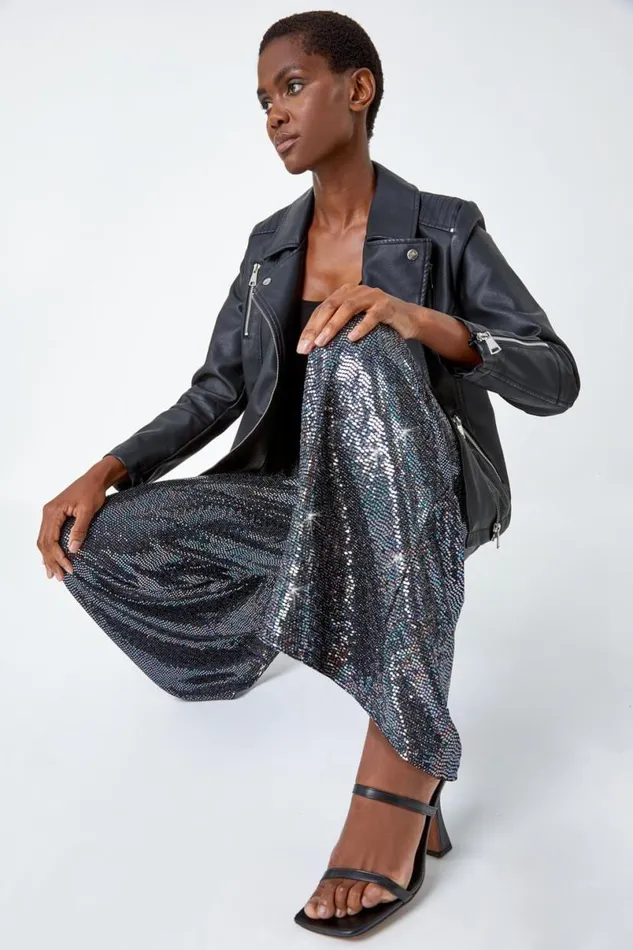 Silver Wide Leg Sequin Stretch Trousers Women Roman Trousers