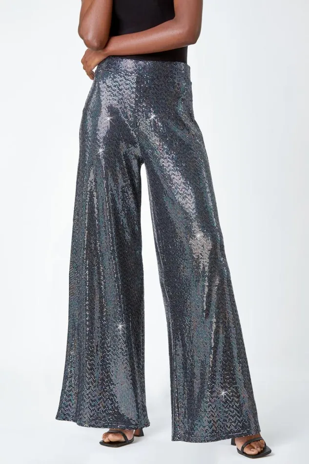 Silver Wide Leg Sequin Stretch Trousers Women Roman Trousers