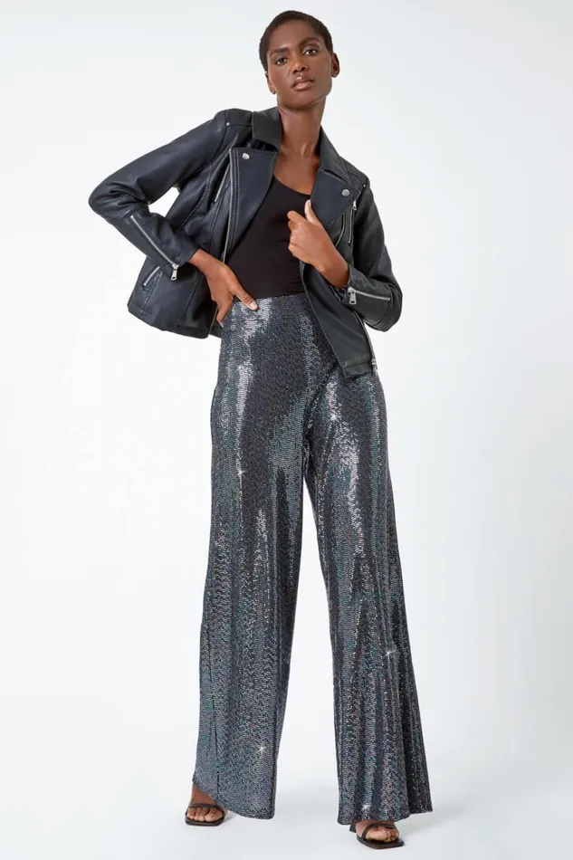 Silver Wide Leg Sequin Stretch Trousers Women Roman Trousers