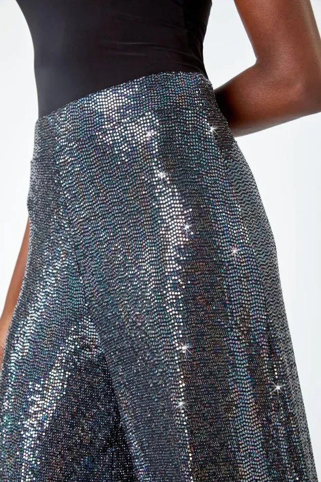 Silver Wide Leg Sequin Stretch Trousers Women Roman Trousers