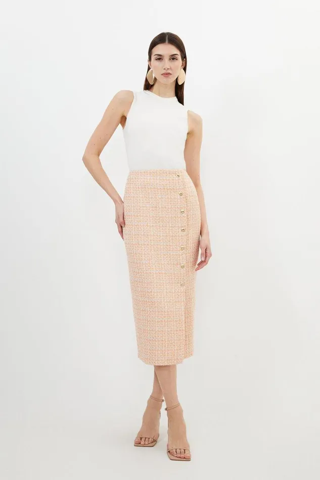 Skirts Women Karen Millen Orange Sparkle Boucle Pencil Skirt Neonorange