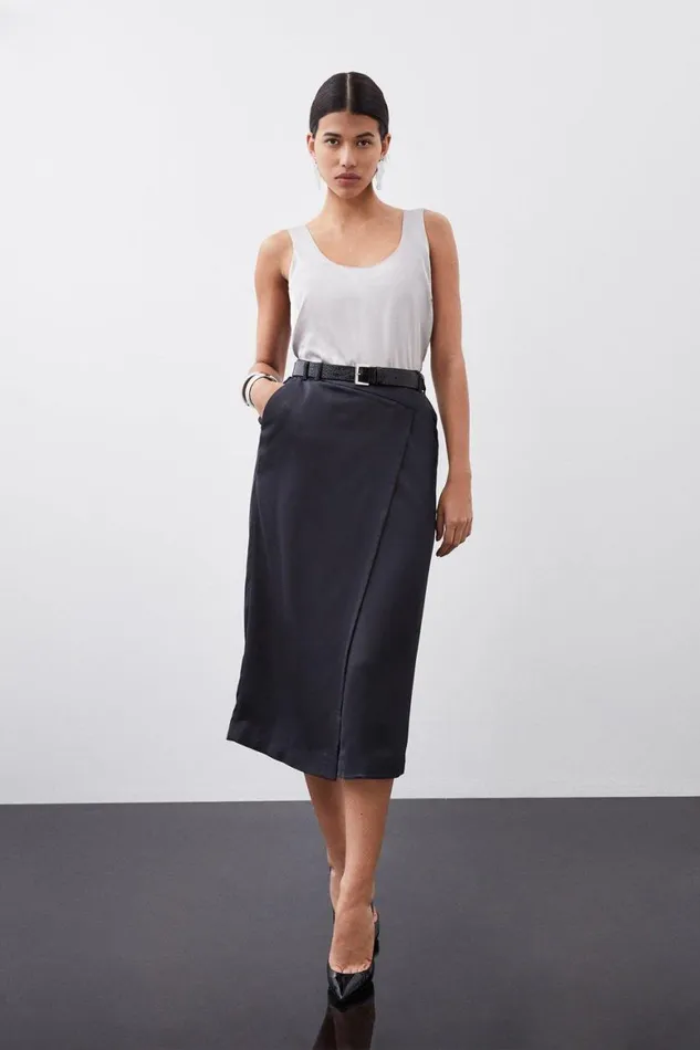 Skirts Women Karen Millen Tailored Satin Back Crepe Asymmetric Waist Wrap Detail Midi Skirt Black Skirts Women Karen Millen Tailored Satin Back Crepe Asymmetric Waist Wrap Detail Midi Skirt Black