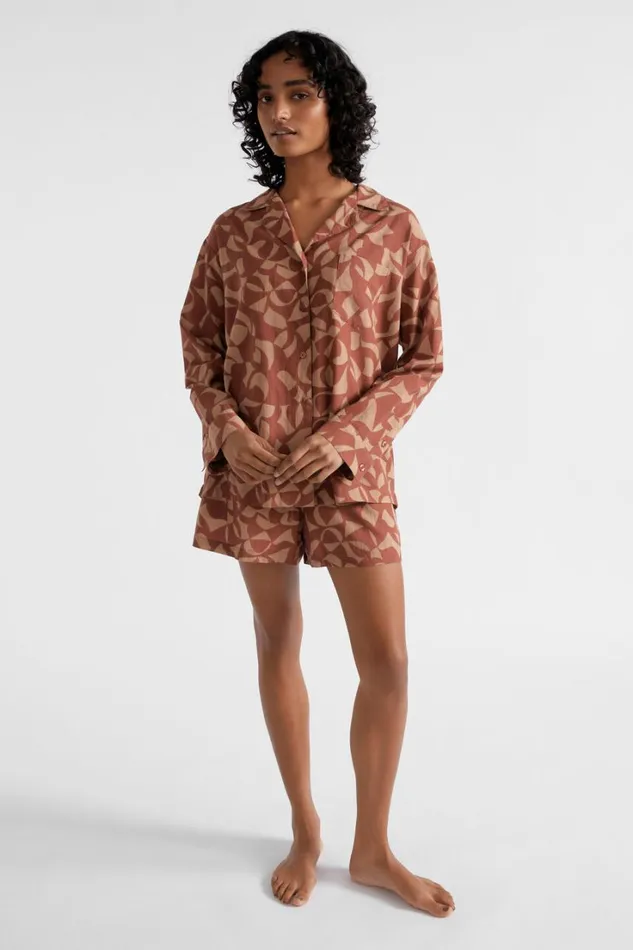 Sleepwear Woman Seed Heritage Voile Print PJ Shirt And Short Set Burnt Brick Abstract