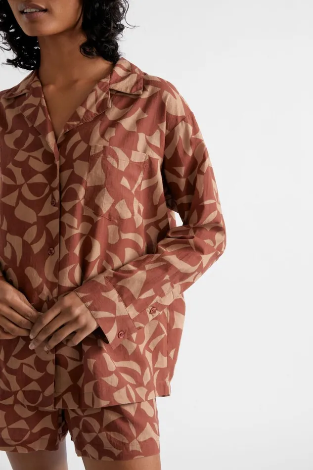 Sleepwear Woman Seed Heritage Voile Print PJ Shirt And Short Set Burnt Brick Abstract