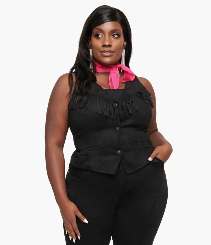 Smak Parlour Plus Size 1970s Black Suede Fringe Vest ClothingPlus Unique Vintage Blouses
