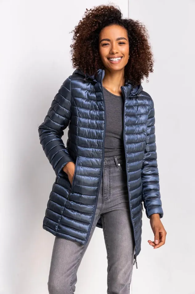 Steel Blue Longline ZipThrough Padded Coat Women Roman Coats