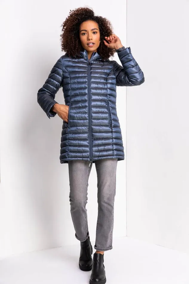 Steel Blue Longline ZipThrough Padded Coat Women Roman Coats