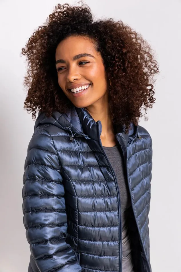 Steel Blue Longline ZipThrough Padded Coat Women Roman Coats