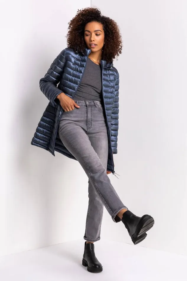 Steel Blue Longline ZipThrough Padded Coat Women Roman Coats