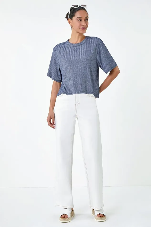Steel Blue Metallic Shimmer Ribbed Stretch TShirt Women Roman Tops