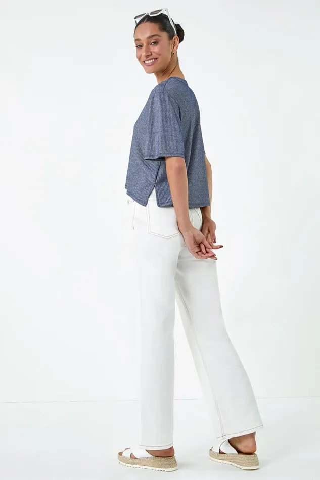 Steel Blue Metallic Shimmer Ribbed Stretch TShirt Women Roman Tops