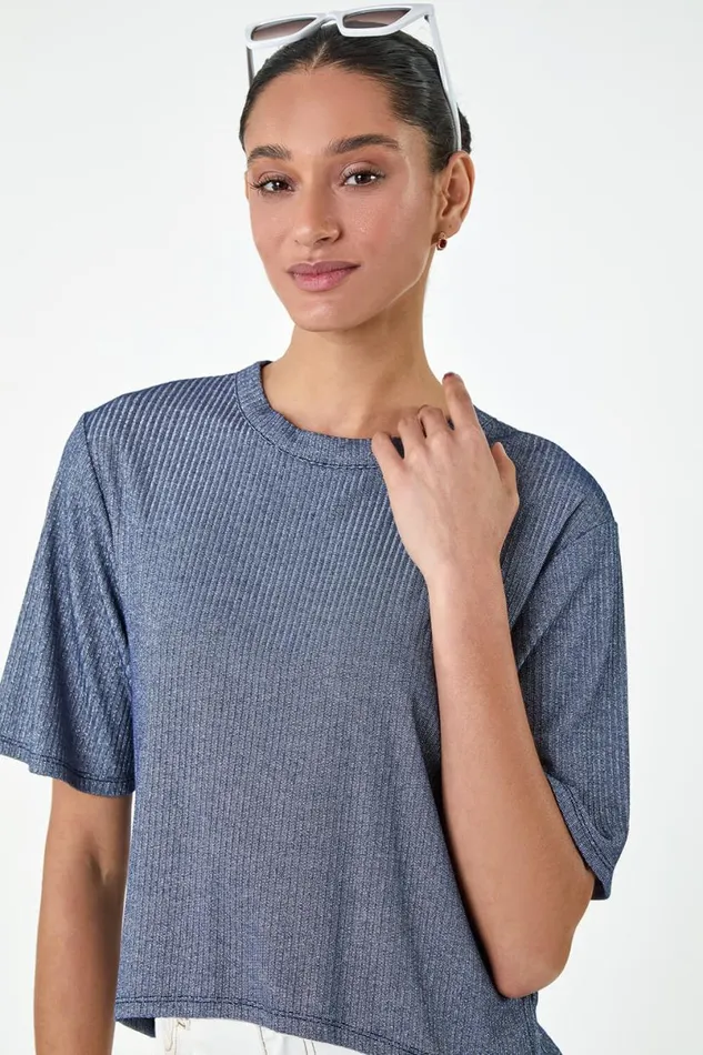 Steel Blue Metallic Shimmer Ribbed Stretch TShirt Women Roman Tops