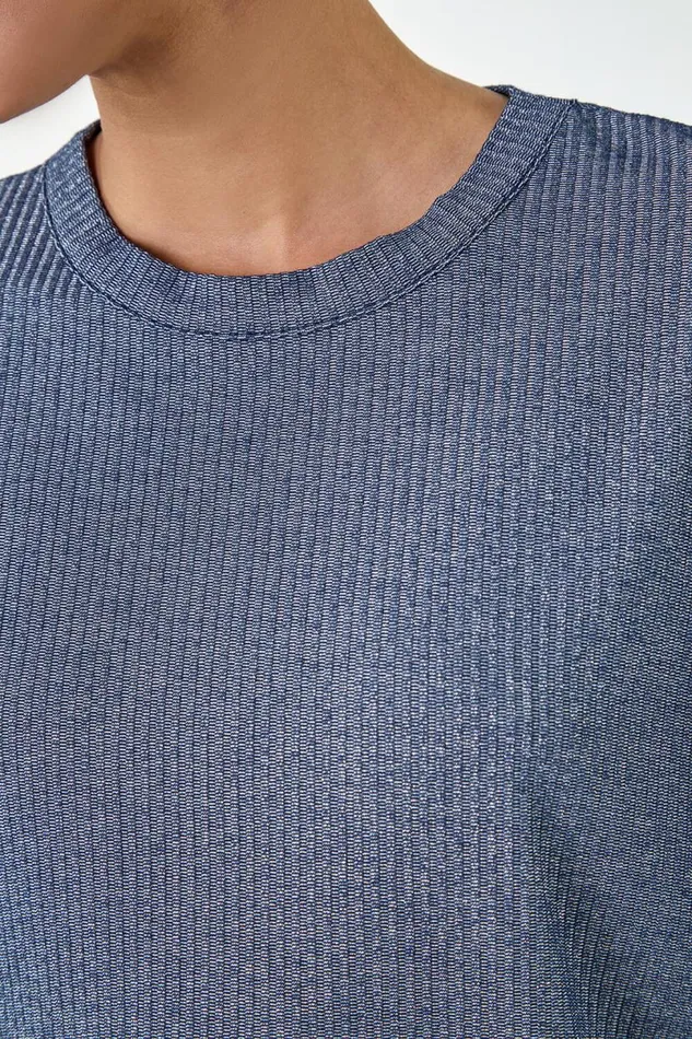 Steel Blue Metallic Shimmer Ribbed Stretch TShirt Women Roman Tops