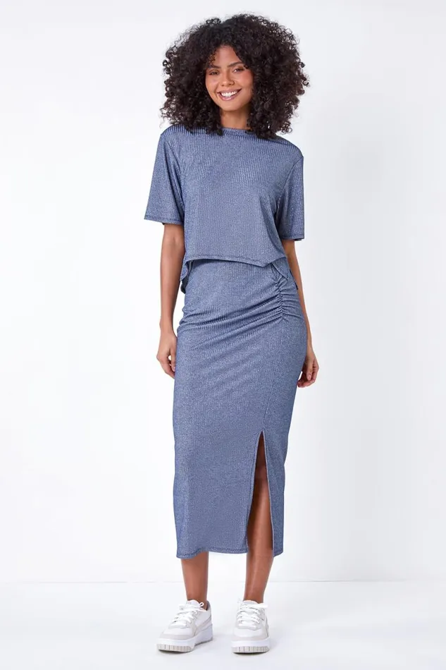 Steel Blue Metallic Shimmer Ribbed Stretch TShirt Women Roman Tops