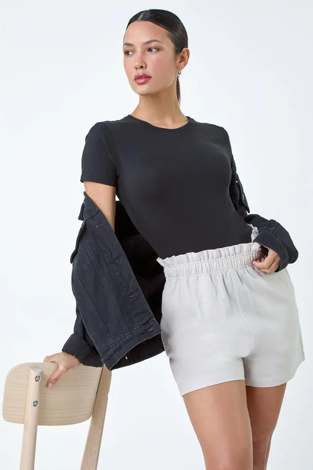 Stone Linen Blend Elastic Waist Pocket Shorts Women Roman Shorts