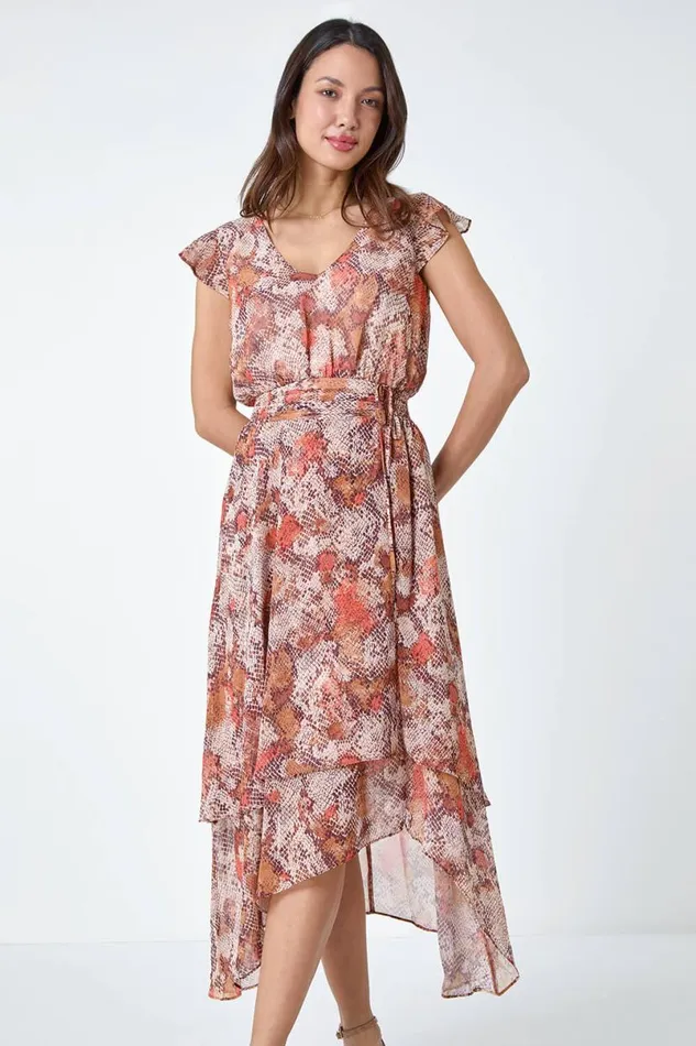 Stone Snake Print Tiered Midi Dress Women Roman Dresses