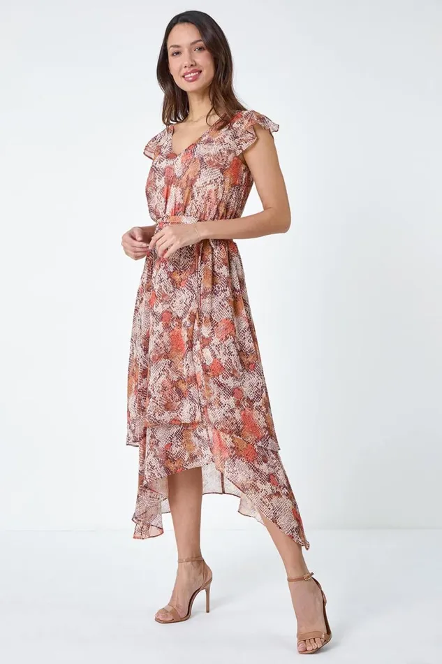 Stone Snake Print Tiered Midi Dress Women Roman Dresses