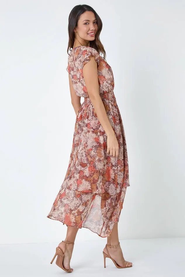 Stone Snake Print Tiered Midi Dress Women Roman Dresses