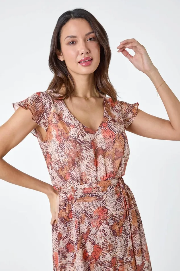 Stone Snake Print Tiered Midi Dress Women Roman Dresses