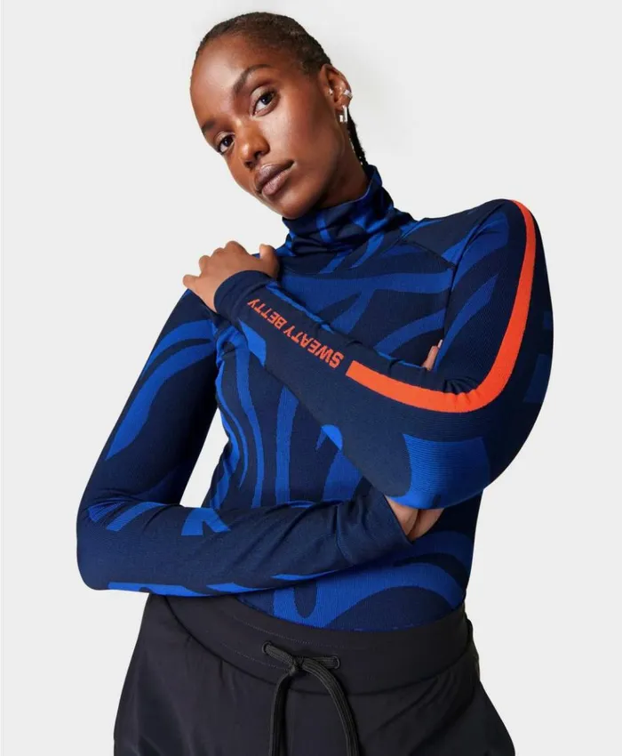 Sweaty Betty Animal Funnel Neck Base Layer Top Blue Animal Flow Jacquard Clothing Sweaty Betty Animal Funnel Neck Base Layer Top Blue Animal Flow Jacquard Clothing