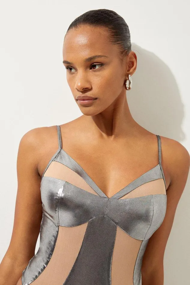 Swimwear Women Karen Millen Metallic Mesh Detail Low Back High Leg Swimsuit Silver