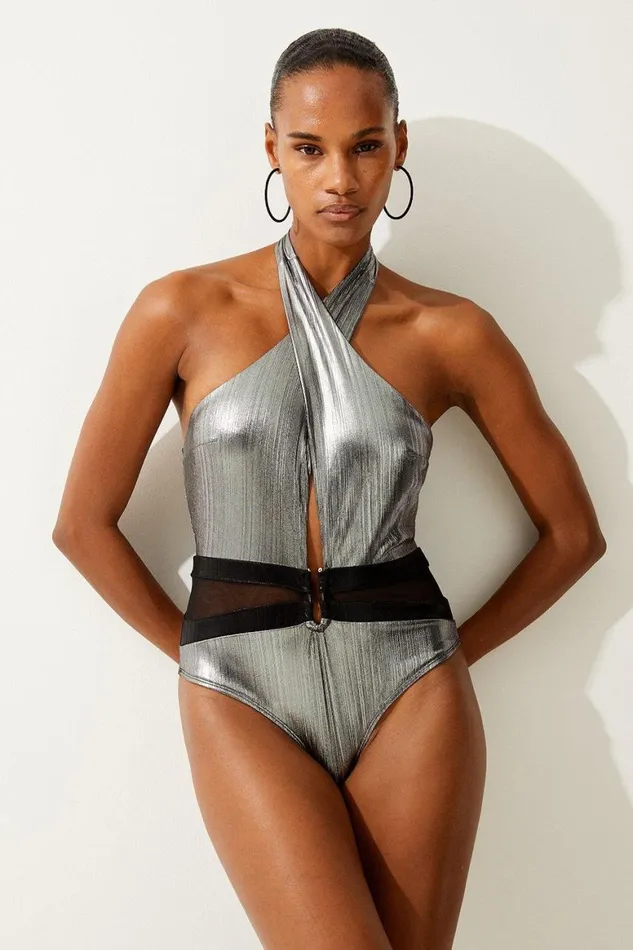 Swimwear Women Karen Millen Silver Foiled Cross Neck Swimsuit Metallic Silver