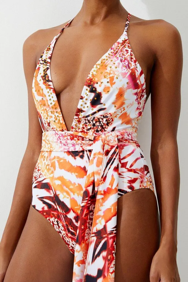Swimwear Women Karen Millen Statement Print Embellished Trim Tie Detail Swimsuit Multi Swimwear Women Karen Millen Statement Print Embellished Trim Tie Detail Swimsuit Multi