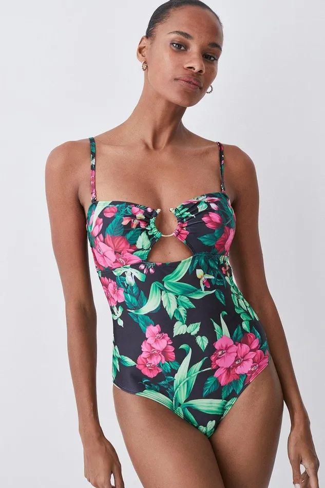 Swimwear Women Karen Millen Tropical Print Gold Trim Cut Out Swimsuit Multi