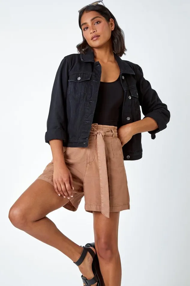 Tan Relaxed Elastic Tie Waist Pocket Shorts Women Roman Trousers