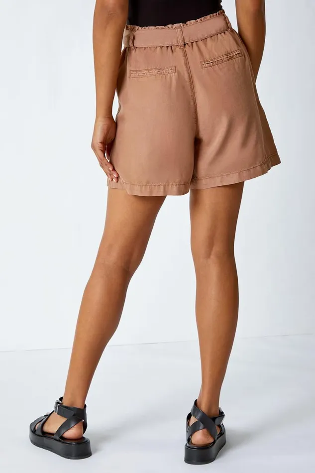 Tan Relaxed Elastic Tie Waist Pocket Shorts Women Roman Trousers