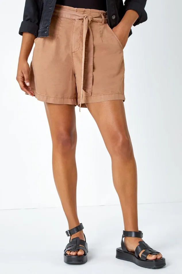 Tan Relaxed Elastic Tie Waist Pocket Shorts Women Roman Trousers