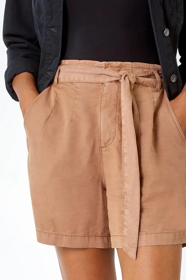 Tan Relaxed Elastic Tie Waist Pocket Shorts Women Roman Trousers