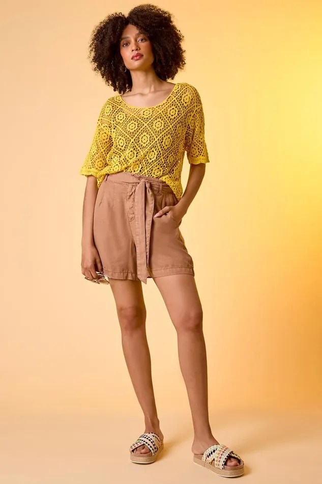 Tan Relaxed Elastic Tie Waist Pocket Shorts Women Roman Trousers