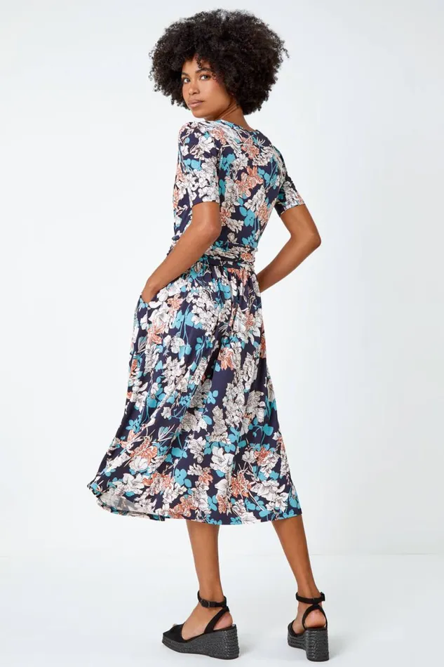 Teal Floral Print Ruched Waist Wrap Dress Women Roman Dresses