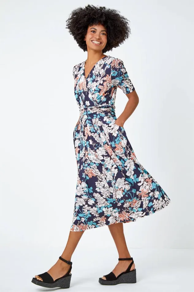 Teal Floral Print Ruched Waist Wrap Dress Women Roman Dresses