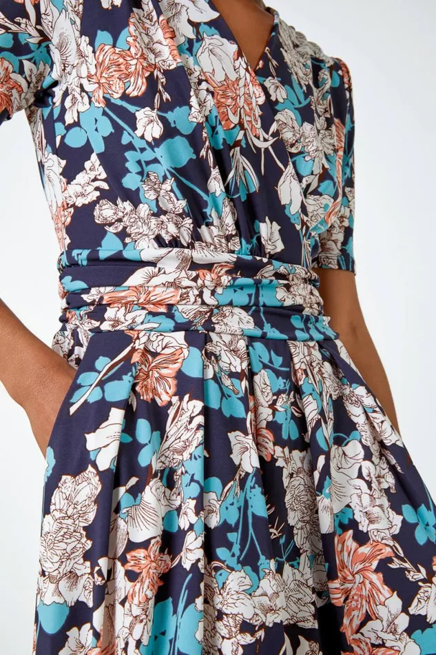 Teal Floral Print Ruched Waist Wrap Dress Women Roman Dresses