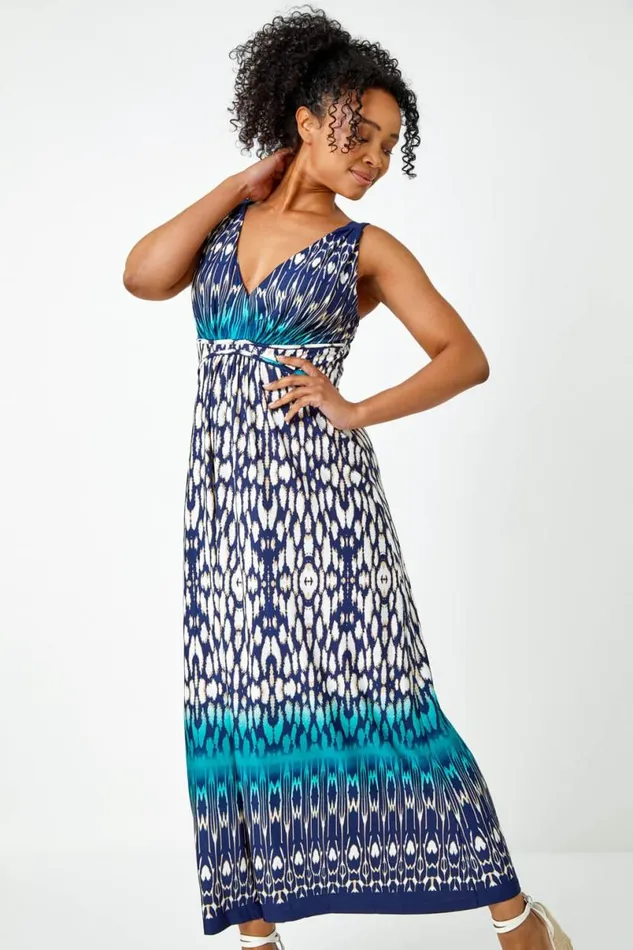 Teal Petite Sleeveless Aztec Maxi Stretch Dress Women Roman Dresses