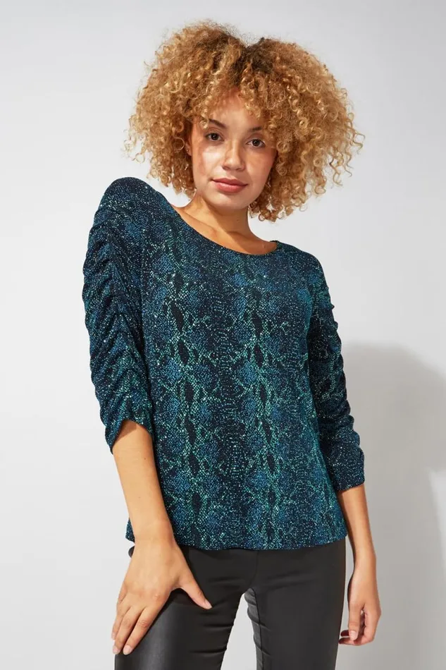 Teal Pleat Sleeve Snake Print Sparkle Top Women Roman Tops