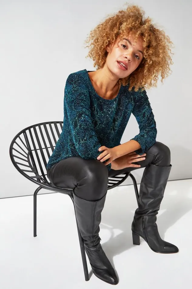 Teal Pleat Sleeve Snake Print Sparkle Top Women Roman Tops